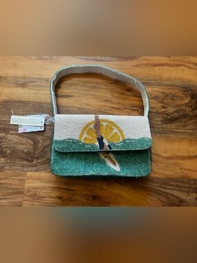 Beaded Lemon Motif Shoulder Bag in Green and Cream